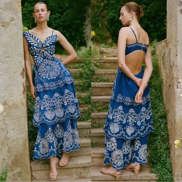 FARM Rio | Dresses | Farm Rio Blue Flower Richelieu Linen Embroidered  Ruffle Tiered Midi Dress Blue M | Poshmark